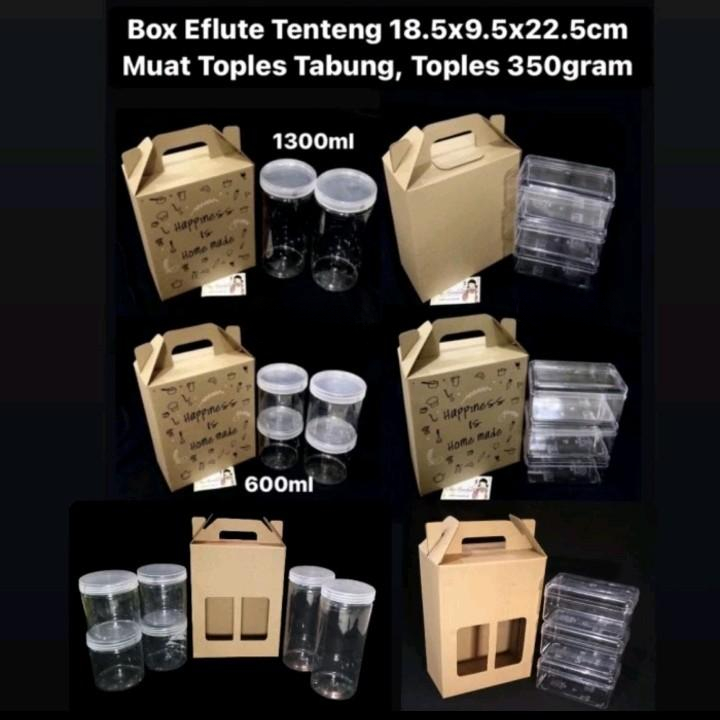 

dus eflute tenteng muat toples tabung 600ml isi 4 box hampers kuker ukuran 18x9x22cm