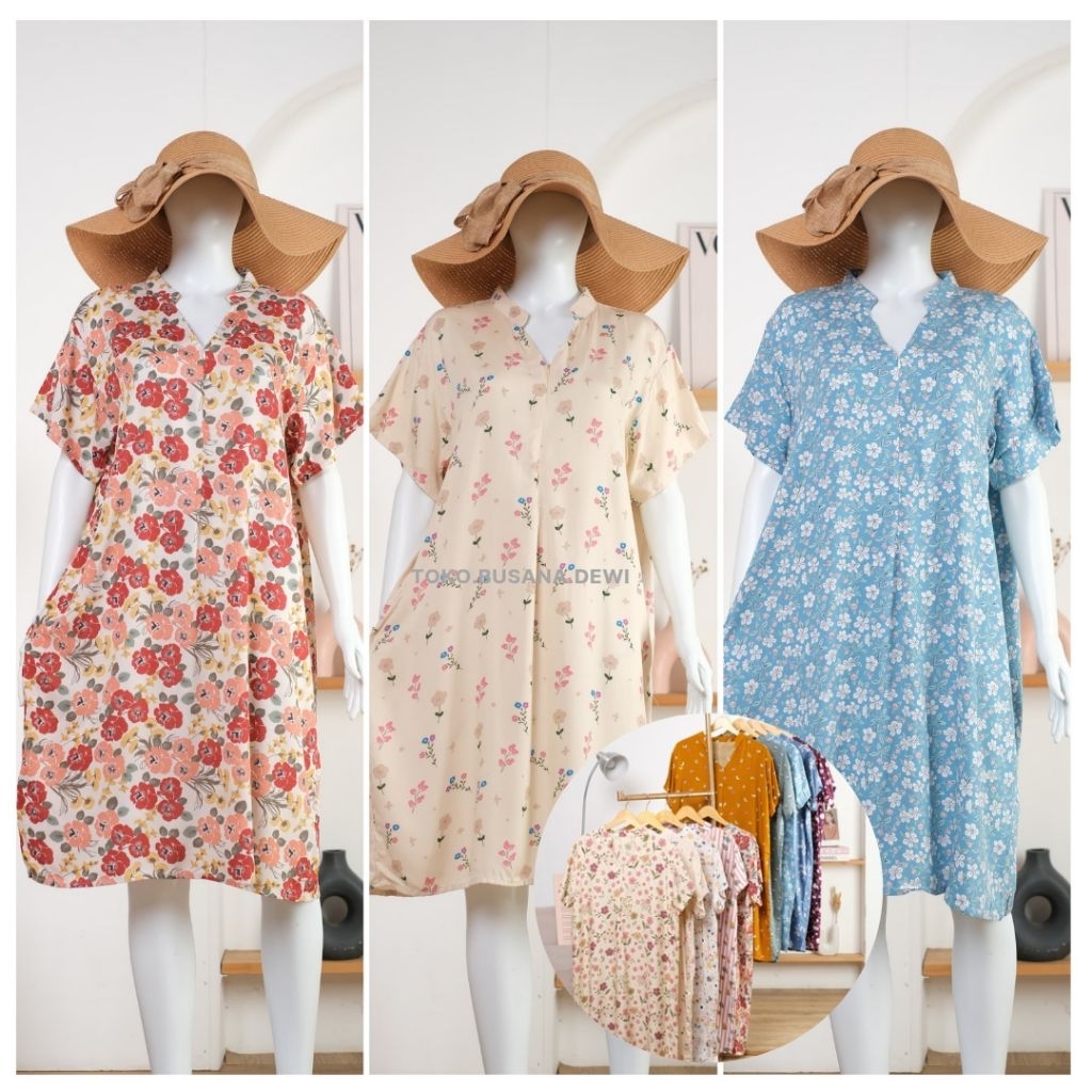 Noura Dress Pendek Resleting | Daster Selutut Kerah Shanghai | Homedress Busui Bumil Friendly | Home