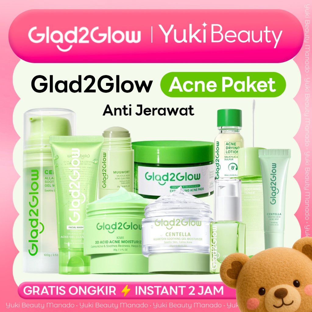 ❤ YUKI Manado ❤ GLAD2GLOW Acne Series KIWI 3D ACID ACNE MOISTURIZER Salicylic Acid Cleanser Jerawat