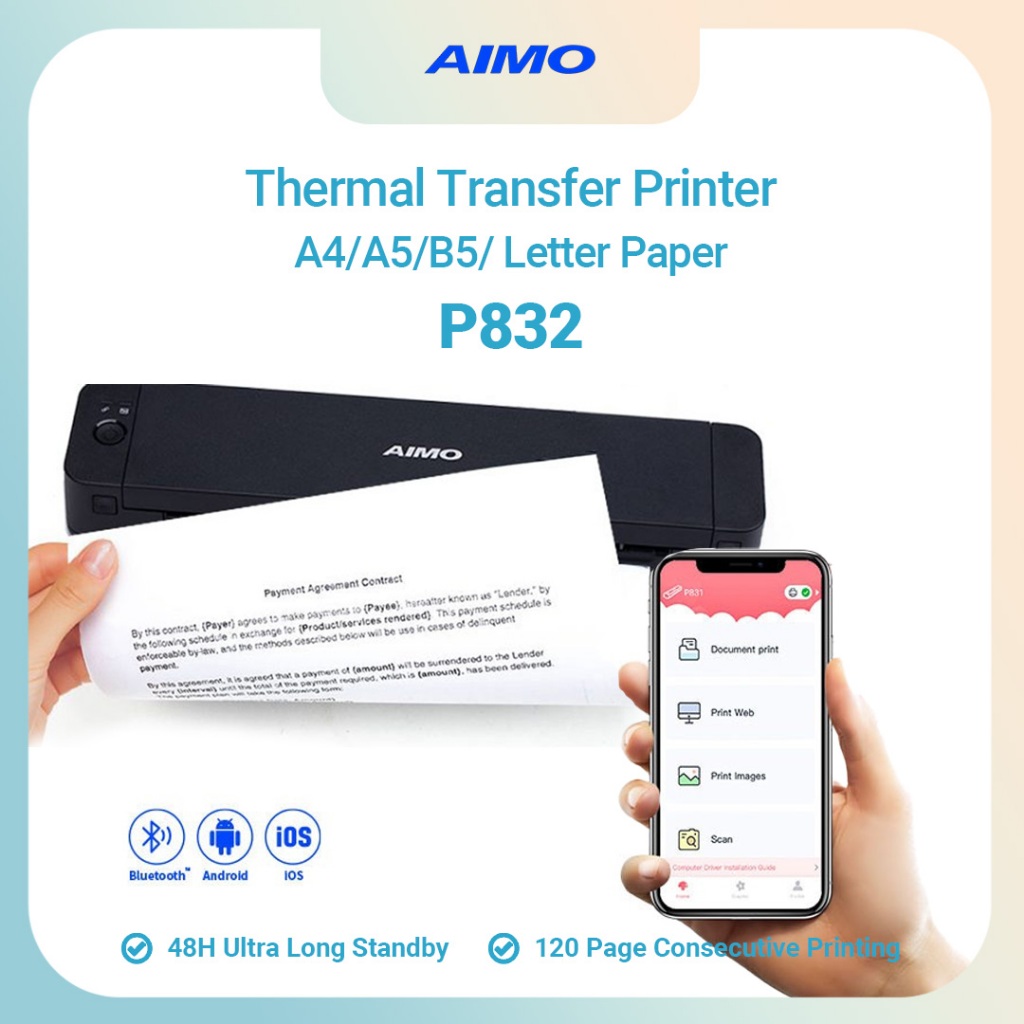 AIMO Printer Portable Thermal Printer Bluetooth A4 HVS Compact Bisnis Wireless Printer Inkless