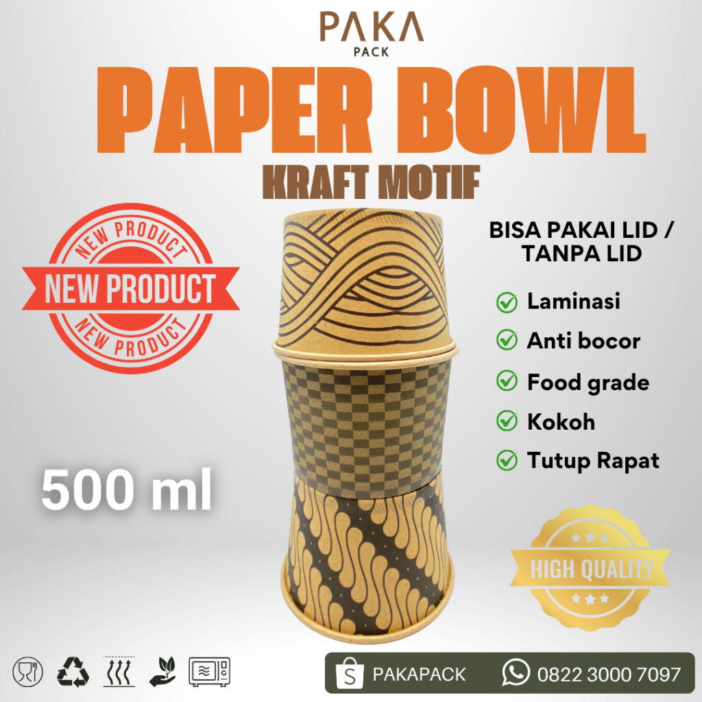 PAPER BOWL / MANGKOK KERTAS KRAFT MOTIF 500 ML [25 PCS]