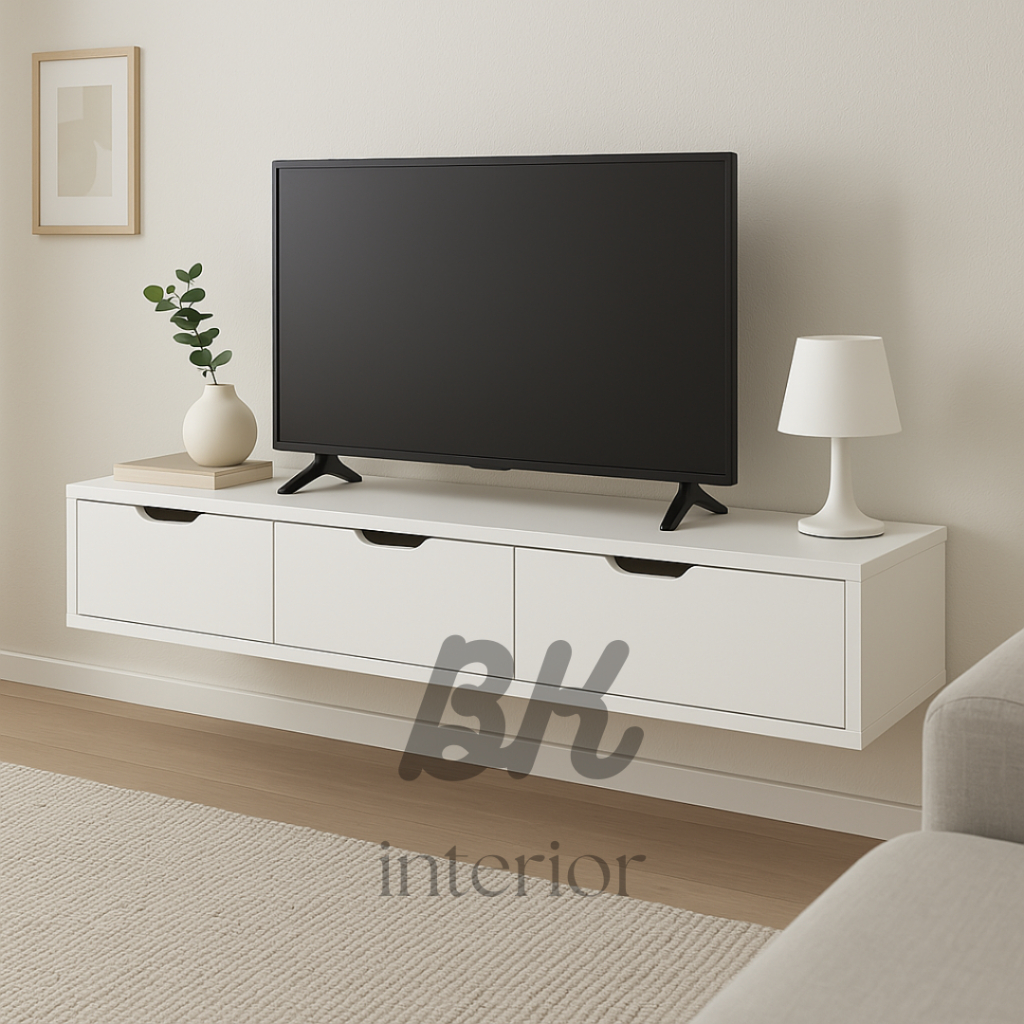 Meja Tv Gantung Full putih berbagai ukuran dengan gaya minimalis furniture