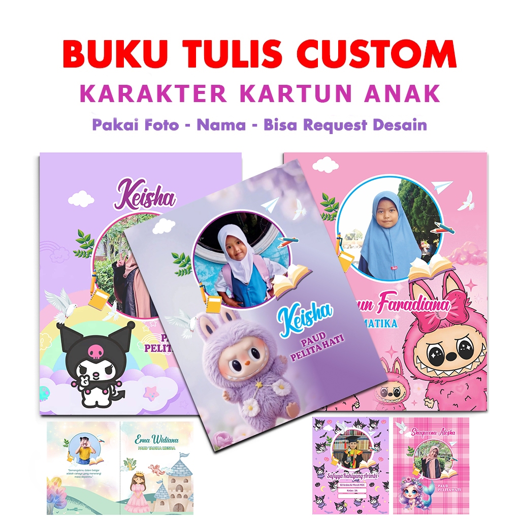 

BUKU TULIS CUSTOM ANAK SEKOLAH SD DAN TK PAUD BISA TAMBAH FOTO DAN NAMA