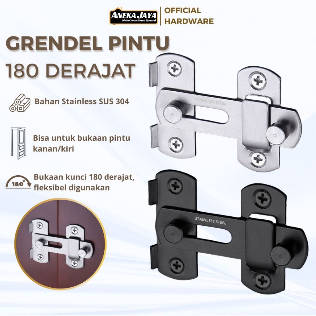Grendel Slot Kait Pintu Jendela Stainless Model Lurus dan Siku 90" 180 derajat Warna Silver Hitam