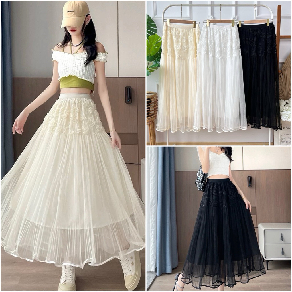 TATAOS BANGKOK ROSALINE TUTU TILE 3LAPIS LONG SKIRT ROK PANJANG PLISKET BUNGA 3D RENDA FURING IMPORT