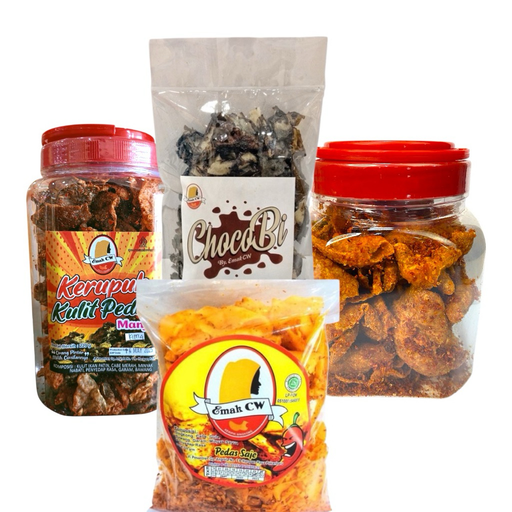 

Emak Cw - 4Pcs Paket Nage 92 A ( Kulit Ikan Patin Pedas Manje Toples, Kulit Ayam Pedas Toples, ChocoBi, Pedas Saje )