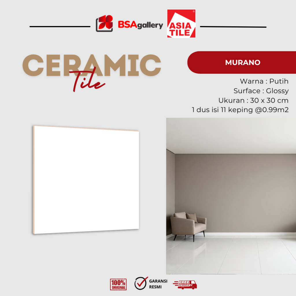KERAMIK LANTAI ASIA TILE MURANO PUTIH POLOS 30X30