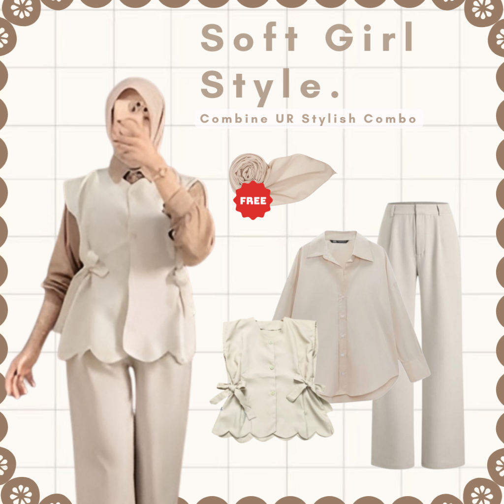 Outfit Wanita Kekinian – (Kemeja Katun, Vest Cherish Ivory & Celana Knit Ivory) Outfit Korea – FE24