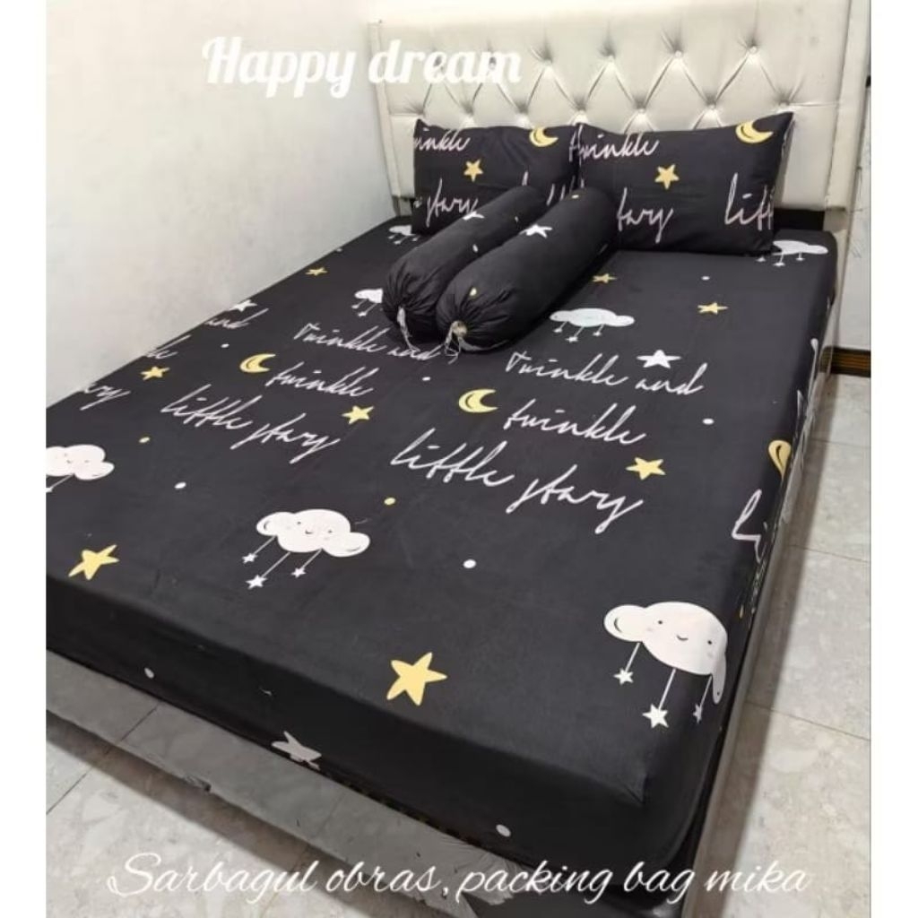 SPREI KARET KATUN PREMIUM 90/100/120/140/160/180/200 Motif Hitam putih awan cloud black white stars 