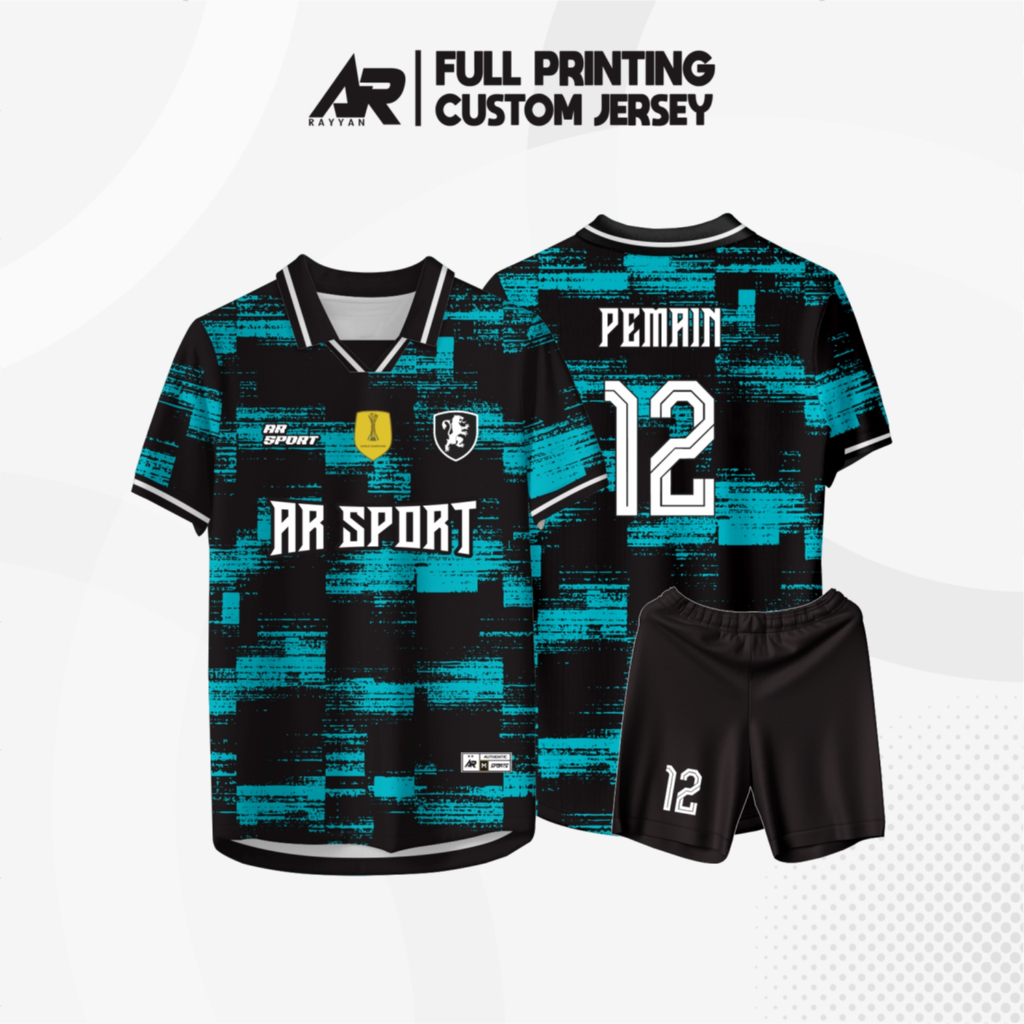 JERSEY BAJU KAOS FUTSAL KERAH RETRO / SEPAK BOLA / VOLI /SATU SET HITAM BIRU FULL PRINTING BEBAS NAM