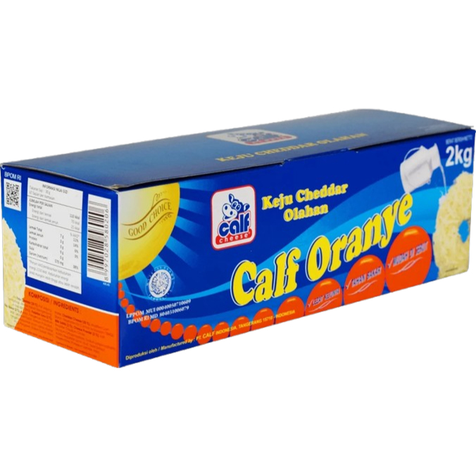 

Calf Oranye Cheddar Cheese 2Kg – Keju Olahan Warna Oranye, Rasa Gurih & Mudah Diparut PER DUS/8PCS