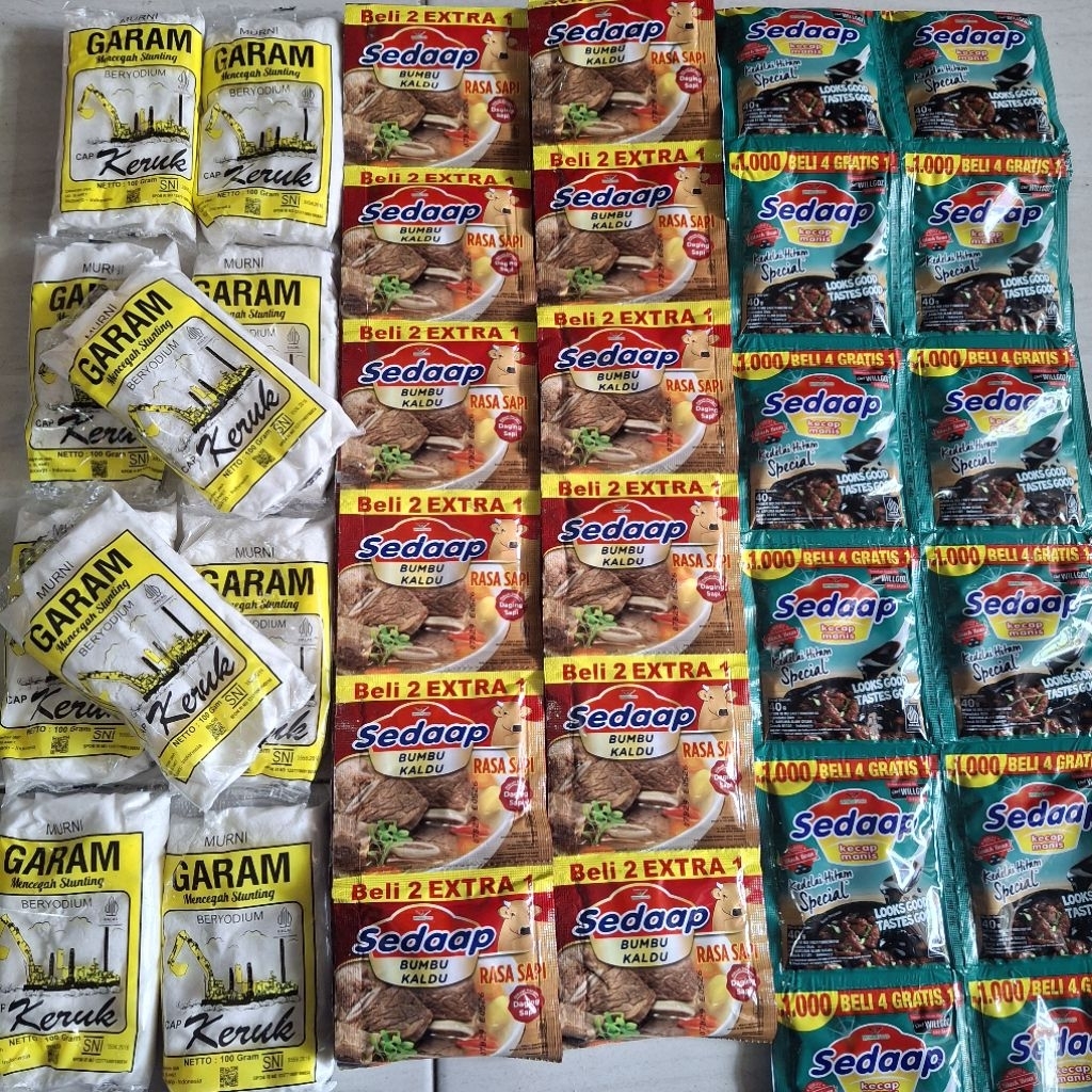 

Paket hemat 43 pcs (kecap 15pcs+kaldu sedaap 18pcs+garam 10pcs)