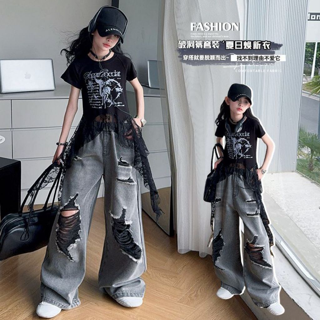 Littlefairy setelan anak cewek sugar ripped jeans import/set baju tanggung anak perempuan