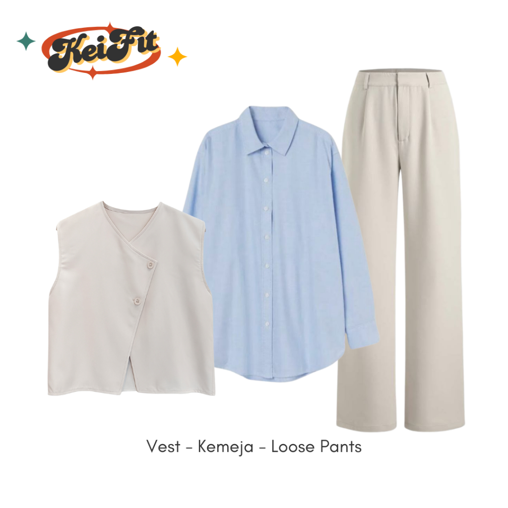 Rynel Set Outfit Remaja Kekinian ( Kemeja + Vest + Celana Kulot ) One Set OOTD Cewek Korean Style