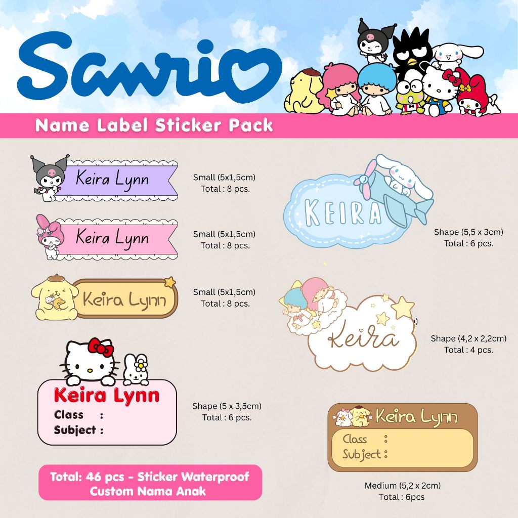 

Sticker Stiker LABEL NAMA CUSTOM Kelas - 46 pcs Sanrio Hello Kitty Cinnamoroll Pompompurin Kuromi Untuk Buku Sekolah Anak WATERPROOF