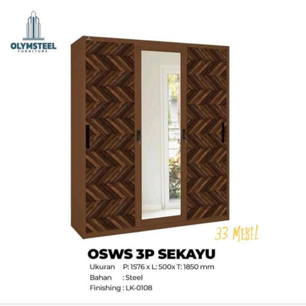 Lemari Pakaian Besi 3 Pintu Sliding OLYMSTEEL OSWS 3P SEKAYU