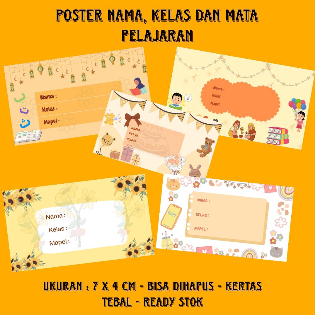 

‎*GRAFIS_IKA* Poster Nama, Kelas dan Mata Pelajaran - Kuning - WipeClean - ISI 20 - Bahan Kertas Tebal - Ukuran 7 x 4 cm - bisa Custom - Termurah