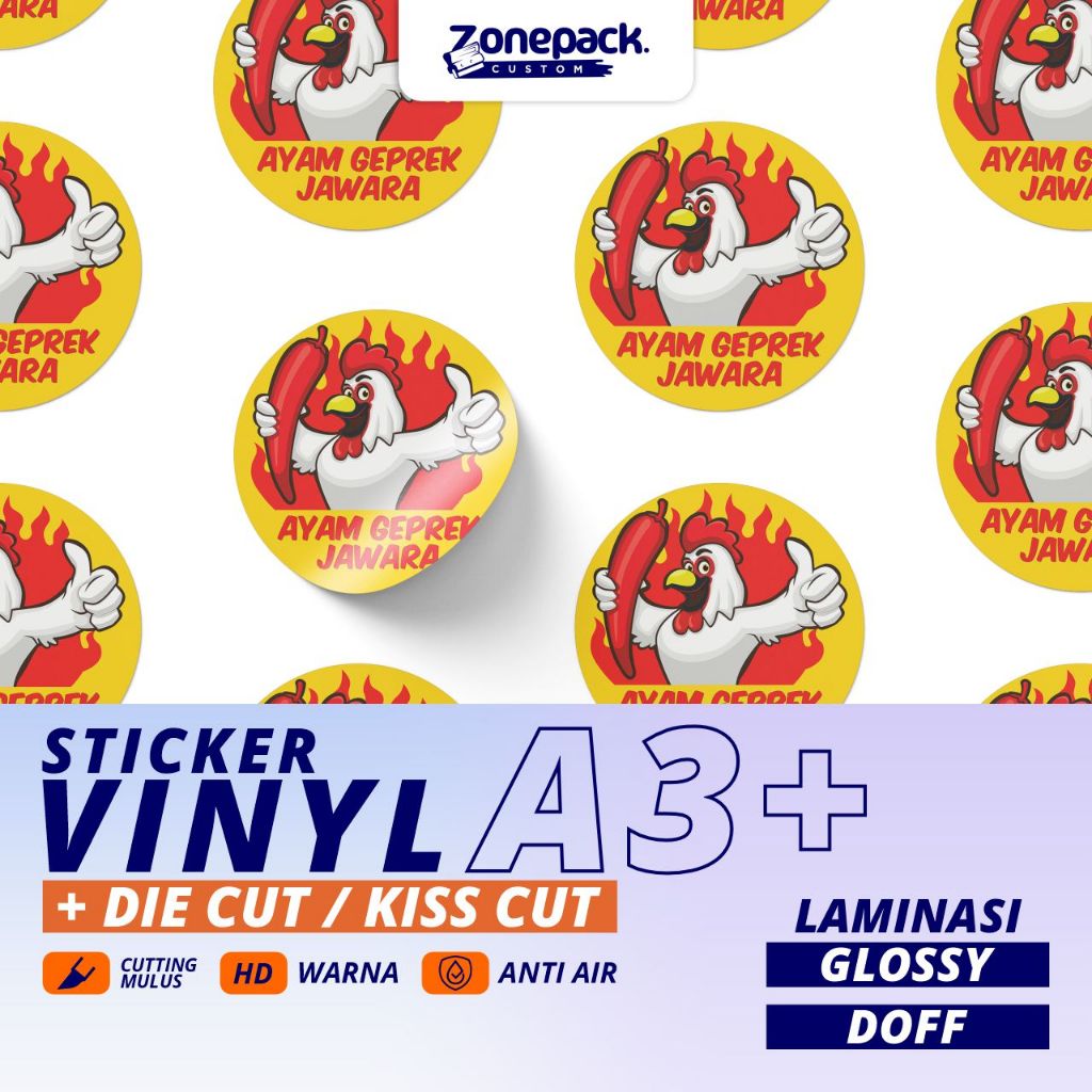 

Cetak Sticker Vinyl A3+ | Cutting sesuai Pola | Die Cut - Kiss Cut | Label Kemasan | Zonepack Custom