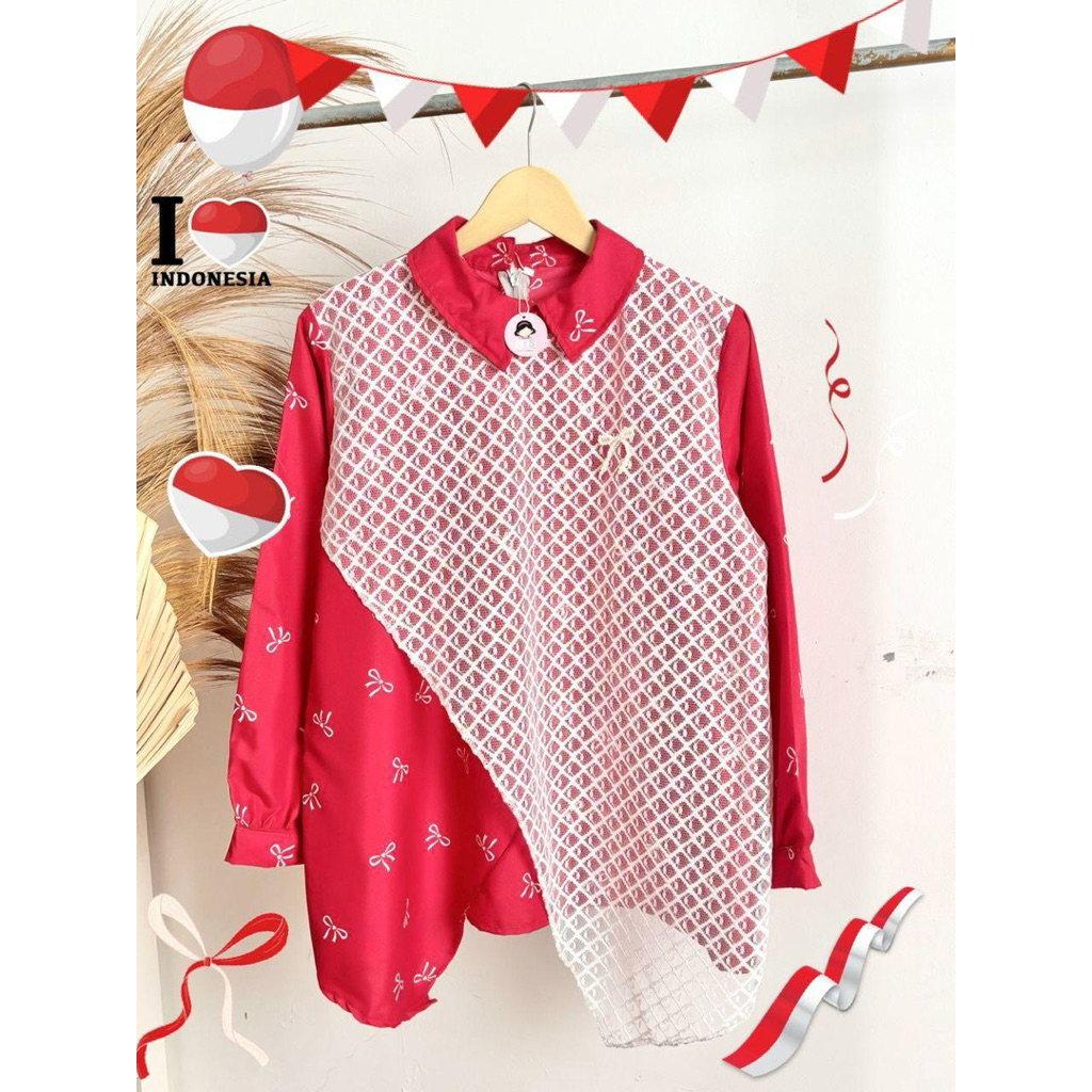 Ay00 GFS Merdeka Atasan Merah Putih Bunga-Bunga Katun