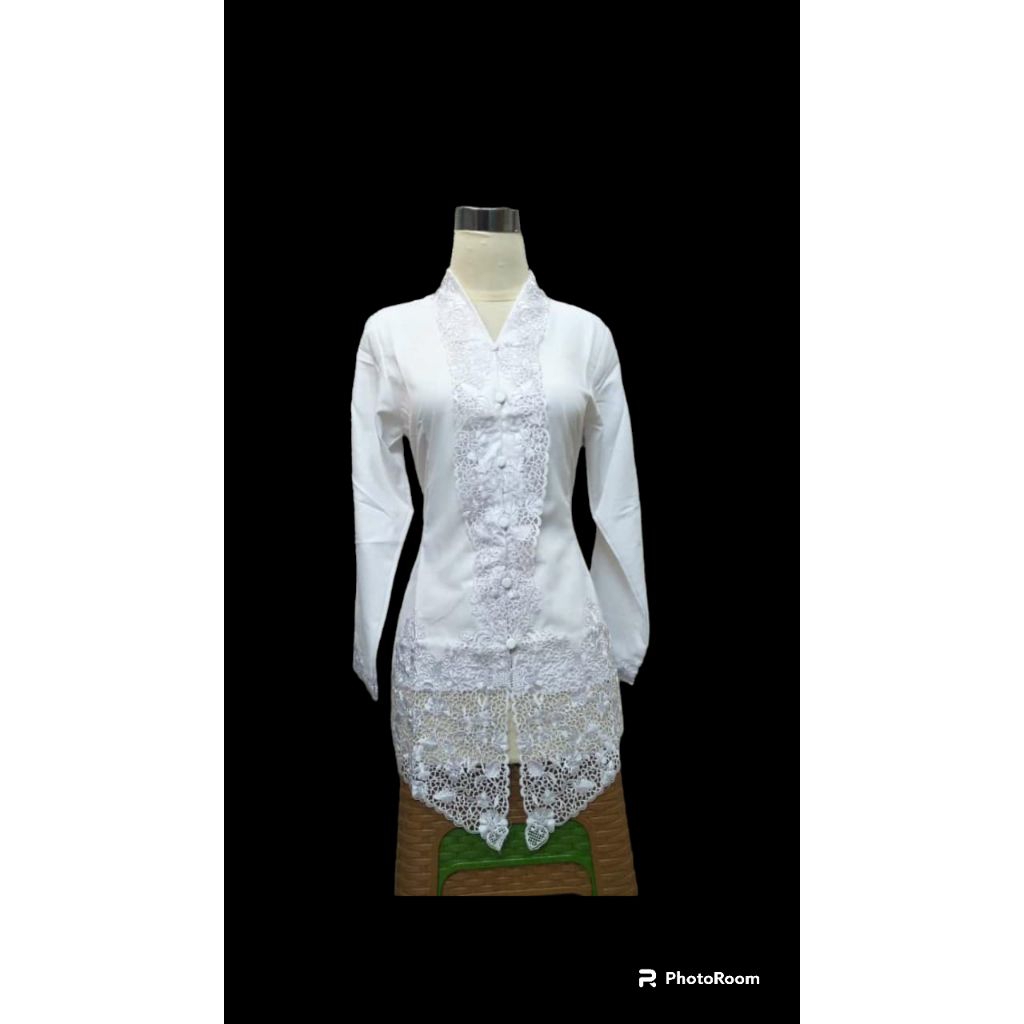 Sale Setelan Kebaya Senada Putih Merah~Lengan 7/8 Kerah Sunda~Encim Merah Putih Lengan Panjang Jumbo