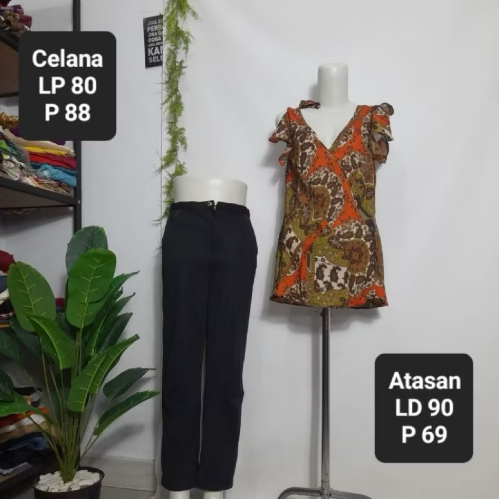 set stelan blus etnik batik coklat branded Dress Barn size XL + celana hitam kulot bahan bordir bung