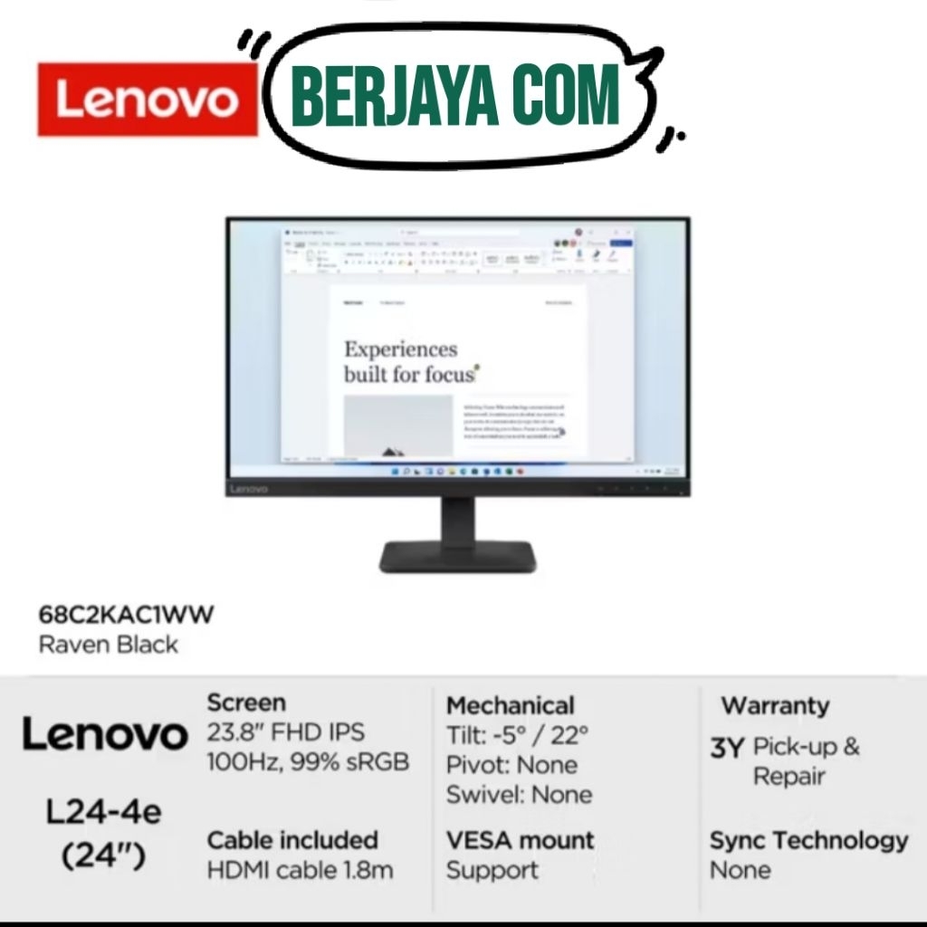 Monitor Led Lenovo L24e-40 24" inch Fhd 100hz - Monitor Komputer - Led Cctv