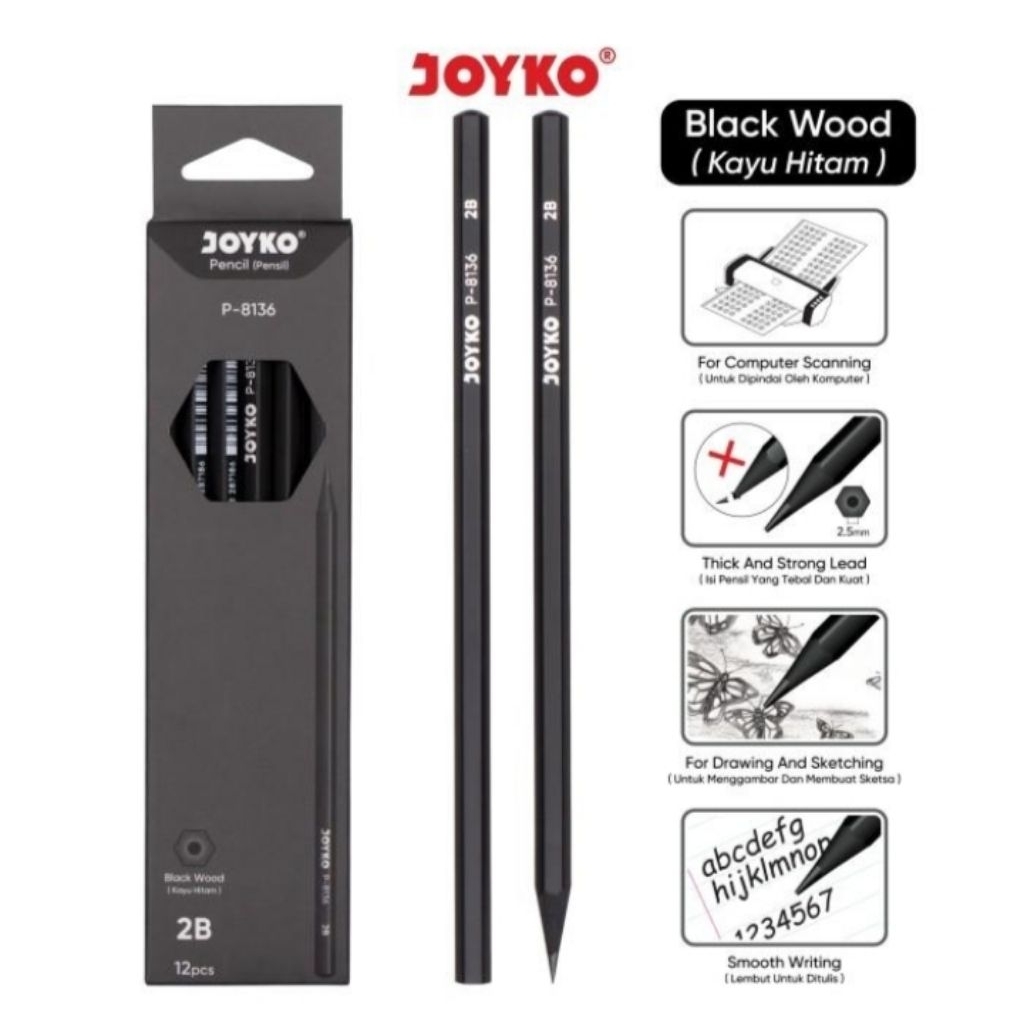 

Pencil Pensil Joyko P-8136 2B 1 Box isi 12 Black wood