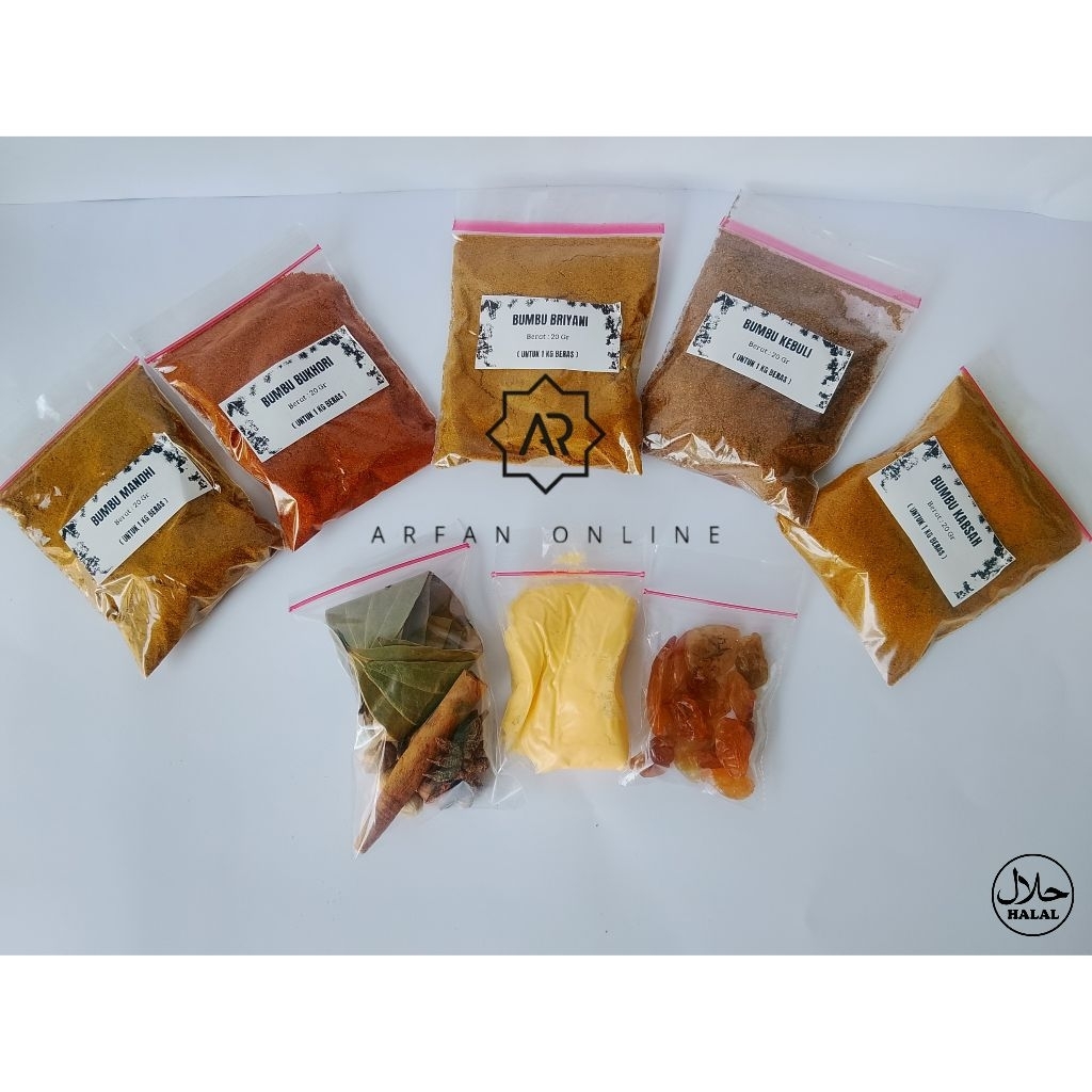 

Bumbu Instan Nasi Kebuli, Mandhi, Briyani, Kabsah _Lengkap dengan Rempah, Margarin & kismis/ untuk 1 kg beras