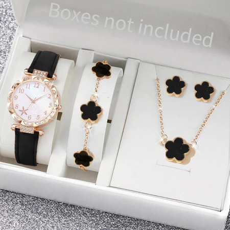 5PCS Jam Tangan Kuarsa Wanita Bergaya Berlian Berlian Kupu-kupu Dial PU Tali Kulit Jam Tangan Kasual