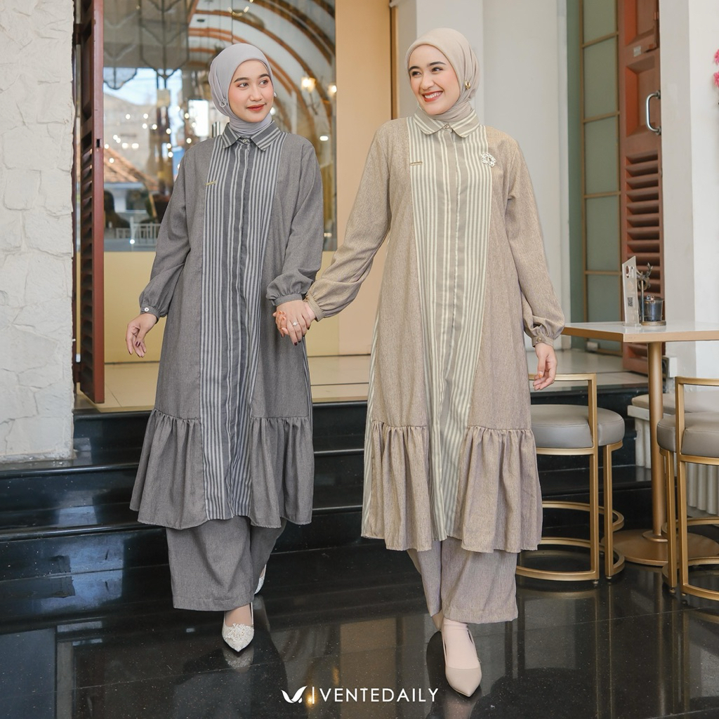 Vente Daily Delila One Set Baju Setelan Wanita Atasan Tunik Celana Kulot Bahan Katun Haruka