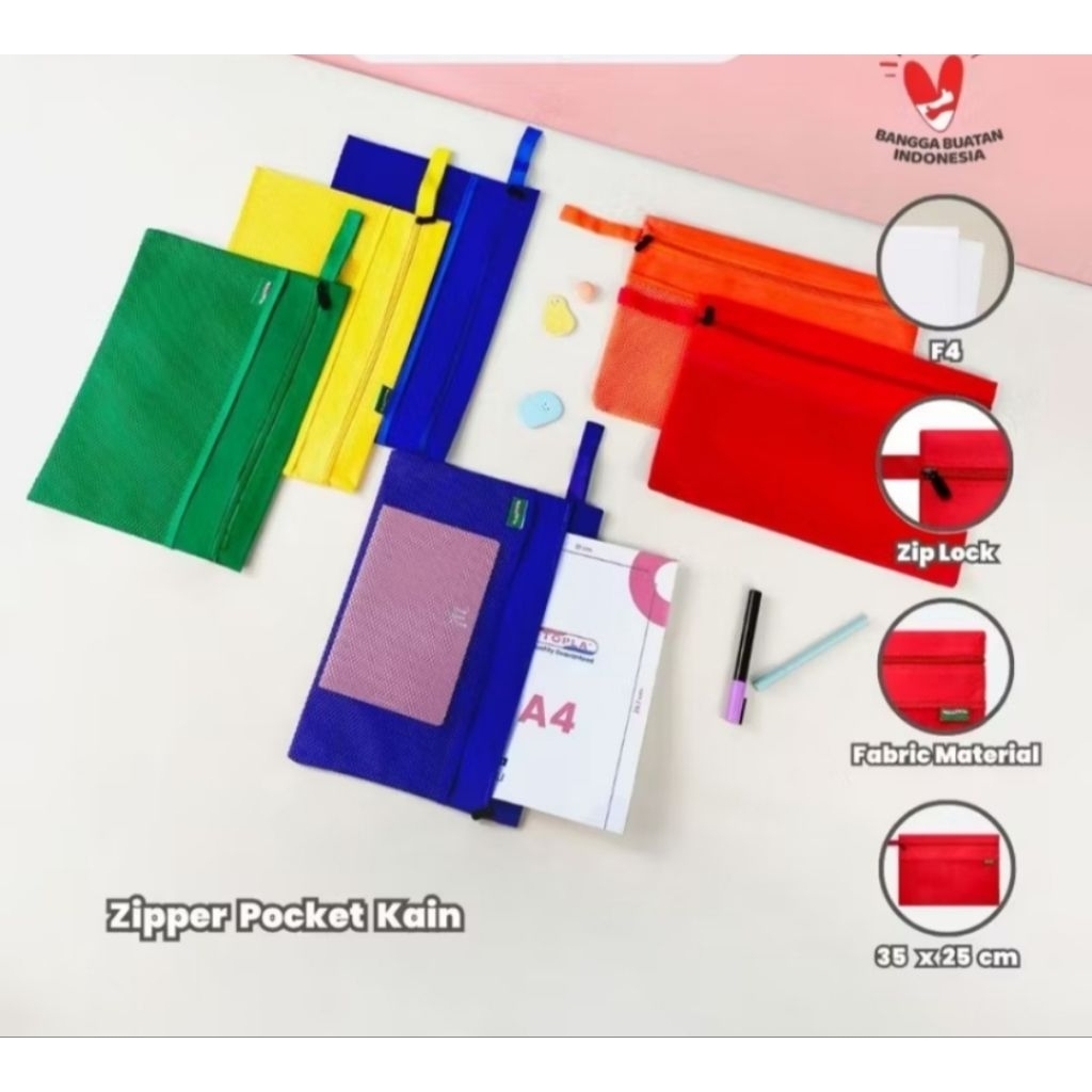 

TOPLA Zipper Pocket Kain F4 -Penyimpanan Alat Tulis & Kertas Premium