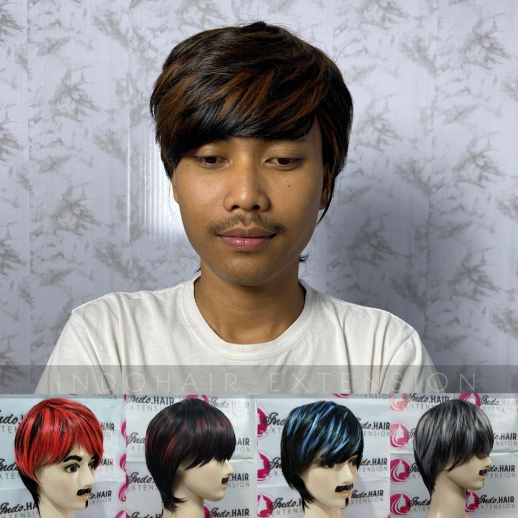 WIG PRIA KOREA RAMBUT PENDEK MODEL HIGHLIGHT HITAM MERAH BIRU PUTIH BLONDE GREY