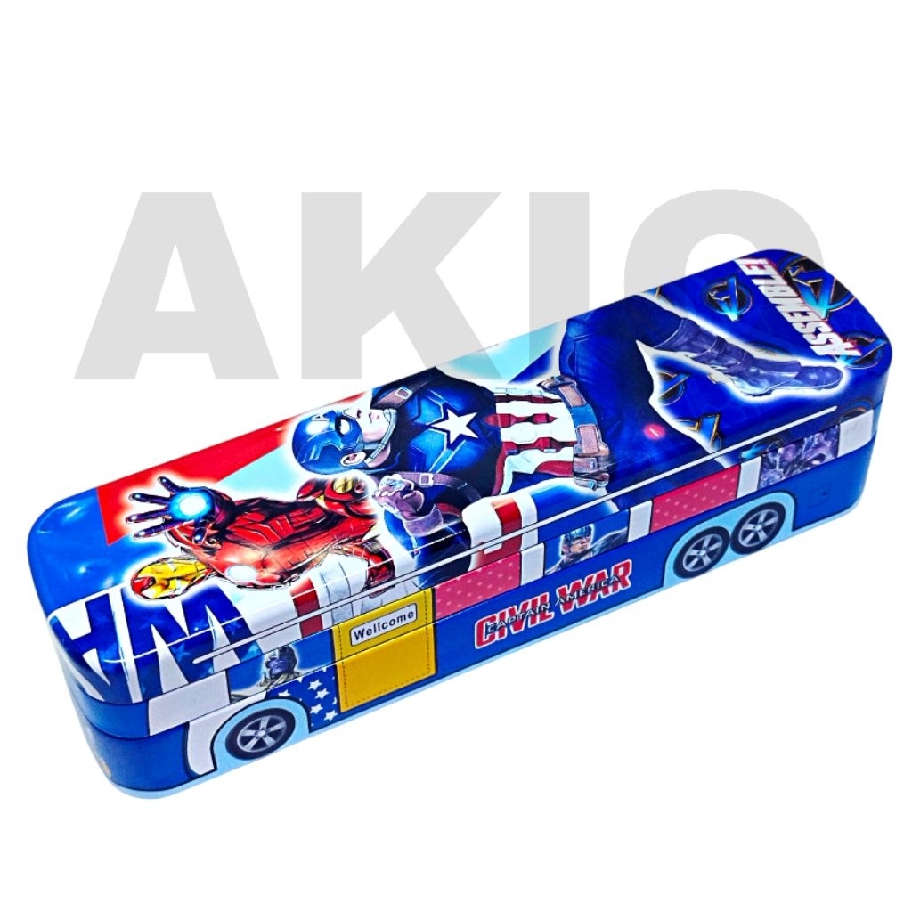 

Tempat Pensil Anak Mobil Bus Bis Karakter SUPERHERO AVENGERS CAPTAIN AMERIKA 2 Tingkat Kaleng Besi B-713