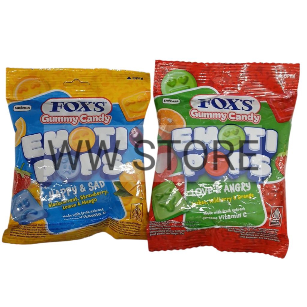 

Permen kembang gula lunak rasa aneka buah ( blackcurrant stroberi lemon mangga / leci wildberry jeruk ) halal MUI SAVORIA FOX'S FOXS FOX EMOTI POPS Happy & Sad / Love & Angry Mixed Fruits Flavored Gummy Candy 35g