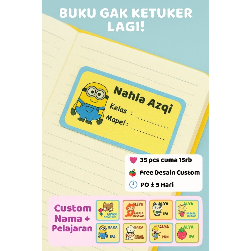 

Stiker Nama Buku Anak – Custom Mata Pelajaran Free Desain (35pcs)