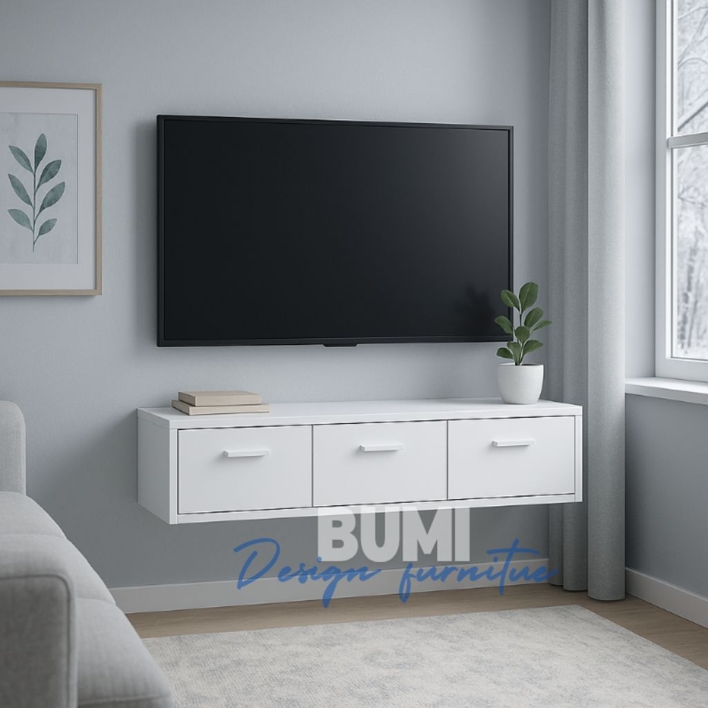 Meja TV Gantung Minimalis Full Putih  Laci Samping & Pintu Tengah Buka Bawah