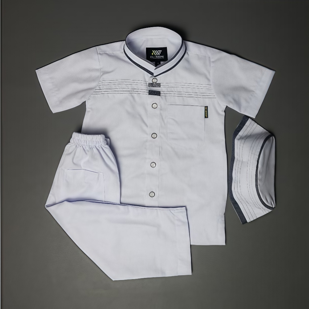 Setelan Al Wafa Putih Anak (uk 1-9) + Kupiah Lengan Pendek | Setelan Muslim Lengan Pendek Al Wafa Pl