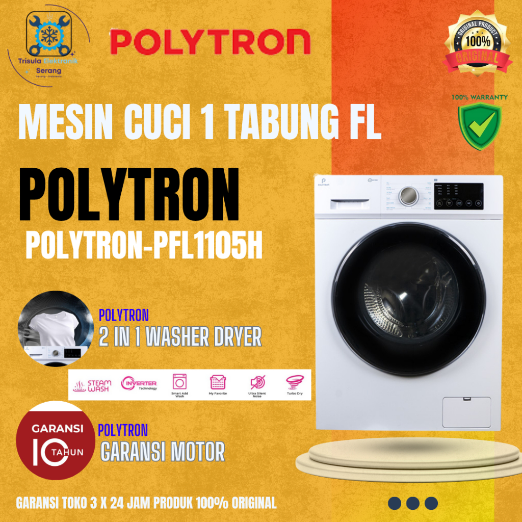 MESIN CUCI POLYTRON PFL1105H / PFL 1105H FRONT LOADING INVERTER 11Kg