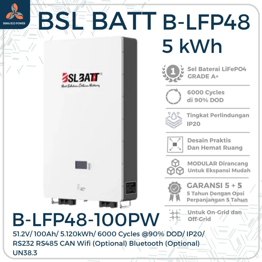 BSL BATTERY B-LFP48-100PW LifeP04 GRADE A+  51.2V100Ah 5.120 kWh 6000 Cycles @90% DOD IP20 RS232 RS4