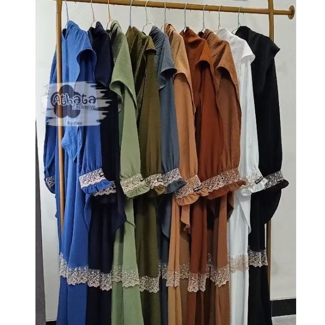 Gamis Wanita Muslimah Set Hijab Bahan Crinkle airflow Premium Ori Athata