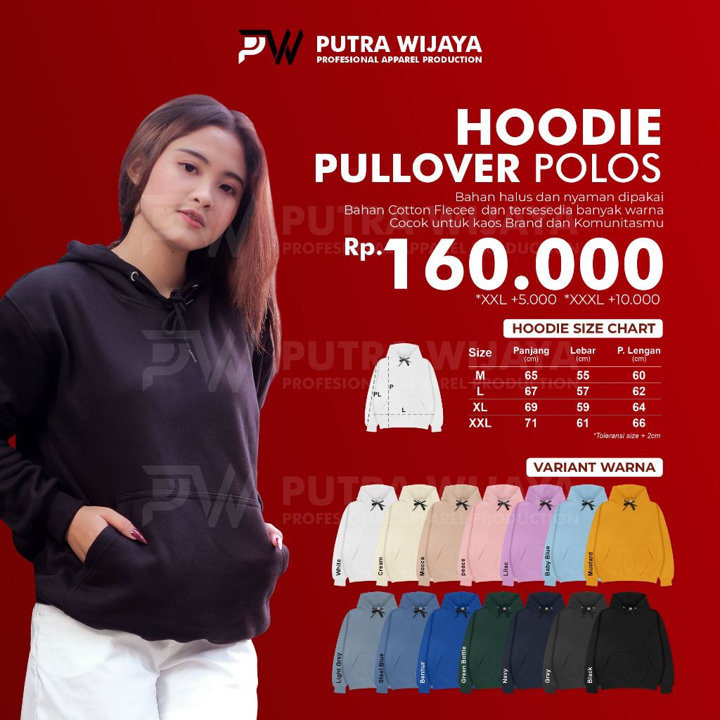 PWA Custom Sablon DTF Satuan Pullover Hoodie 289-300gsm Cotton Fleece I Pullover Hoodie 289-300gsm C