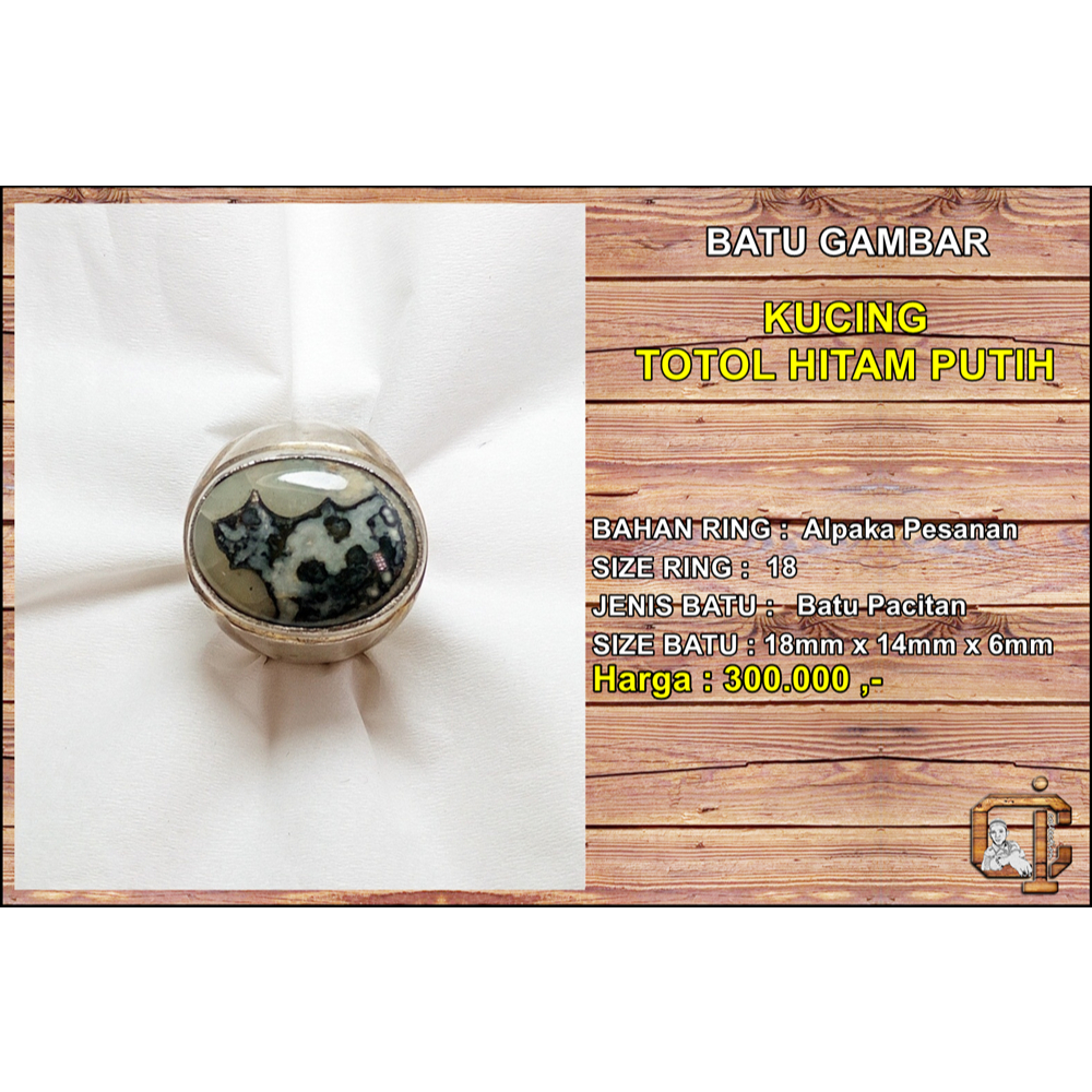 Batu gambar kucing totol hitam putih asli alami.