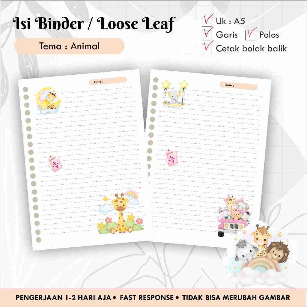 

[10 pcs] Isi Binder / Loose leaf gambar A5 Tema ANIMAL / Refill Map Binder / Garis Polos