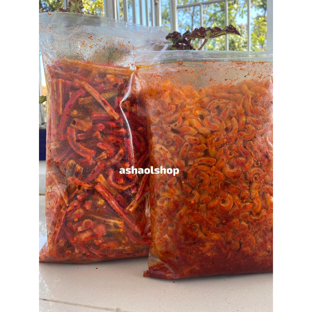 

PAKET HEMAT[BUNDLING 2PCS] SEBLAK KERUPUK JAAT BENTON+MAKARONI KRIUK/CIKRUH PEDAS DQAUN JERUK