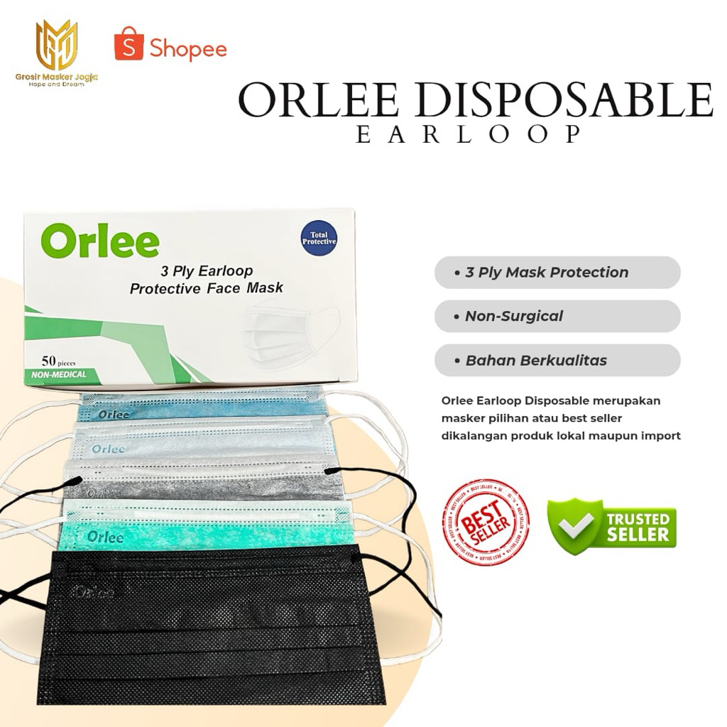 Masker Medis - Masker HItam Tebal 50pcs - 3ply ORLEE Earloop HITAM PUTIH ABU BIRU