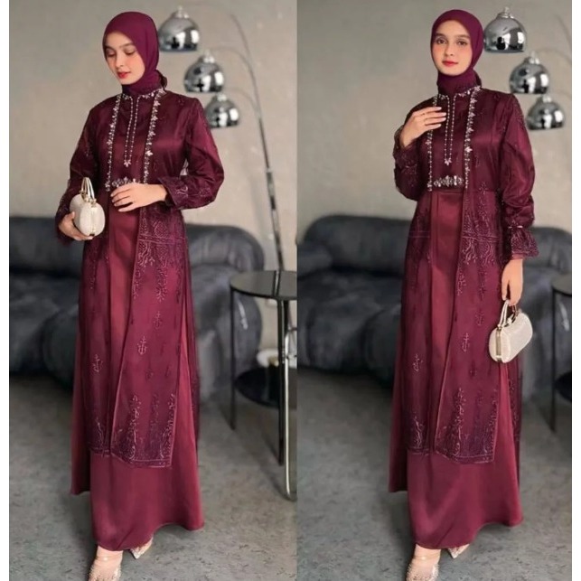 TIARA SET DRESS Baju Dress Lamaran Bahan Satin Velvet Mix Brukat Warna Burgundy M L XL Bisa COD