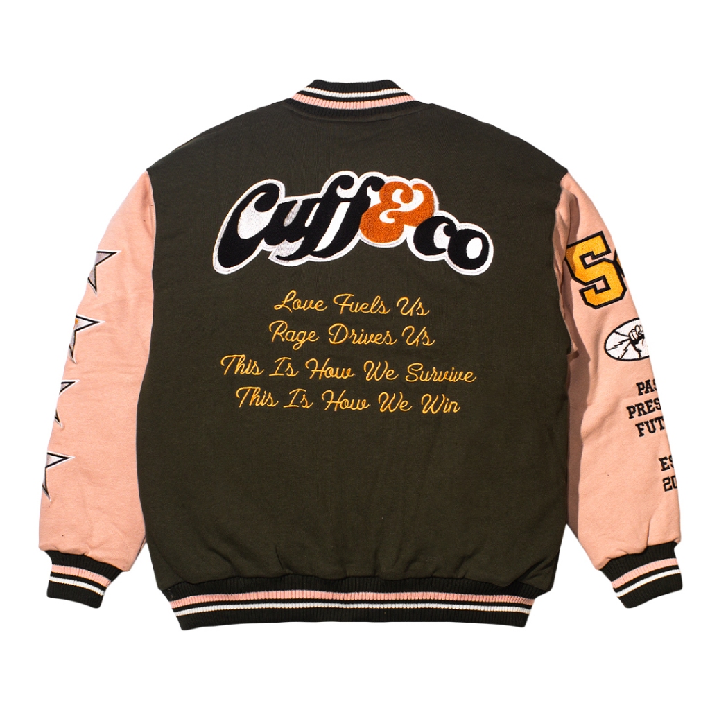 Cuffrise  - Think's Worldwide Olive Peach Varsity Jacket | Jaket Varsity Unisex Pria Wanita | Oversi