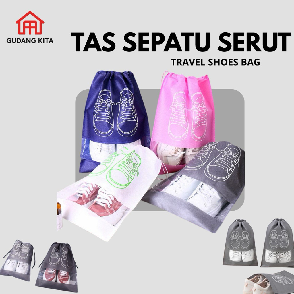 Tas Sepatu Serut Travel Organizer – Kantong Sepatu Kecil & Besar Bahan Spunbond Ringan