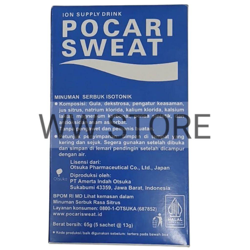 

Minuman serbuk isotonik halal MUI POCARI SWEAT ION SUPPLY DRINK 65g ( 5 sachet x 13g )