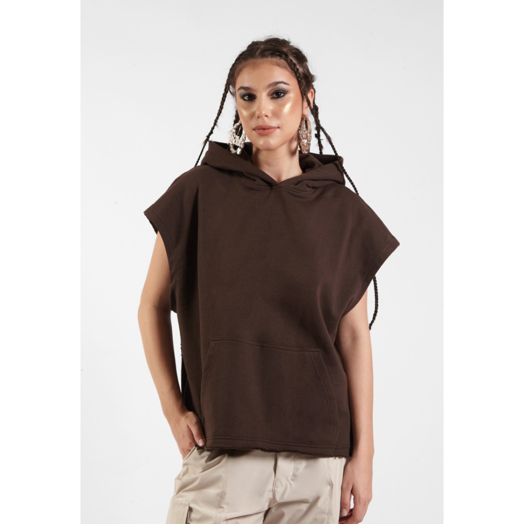 VEDECI X OCWA CONNOR BOXY CROP SLEEVELESS HOODIE DARK BROWN